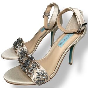 Betsey Johnson Gina Jeweled Ankle Strap Dress Sandals Champagne Satin Heel
